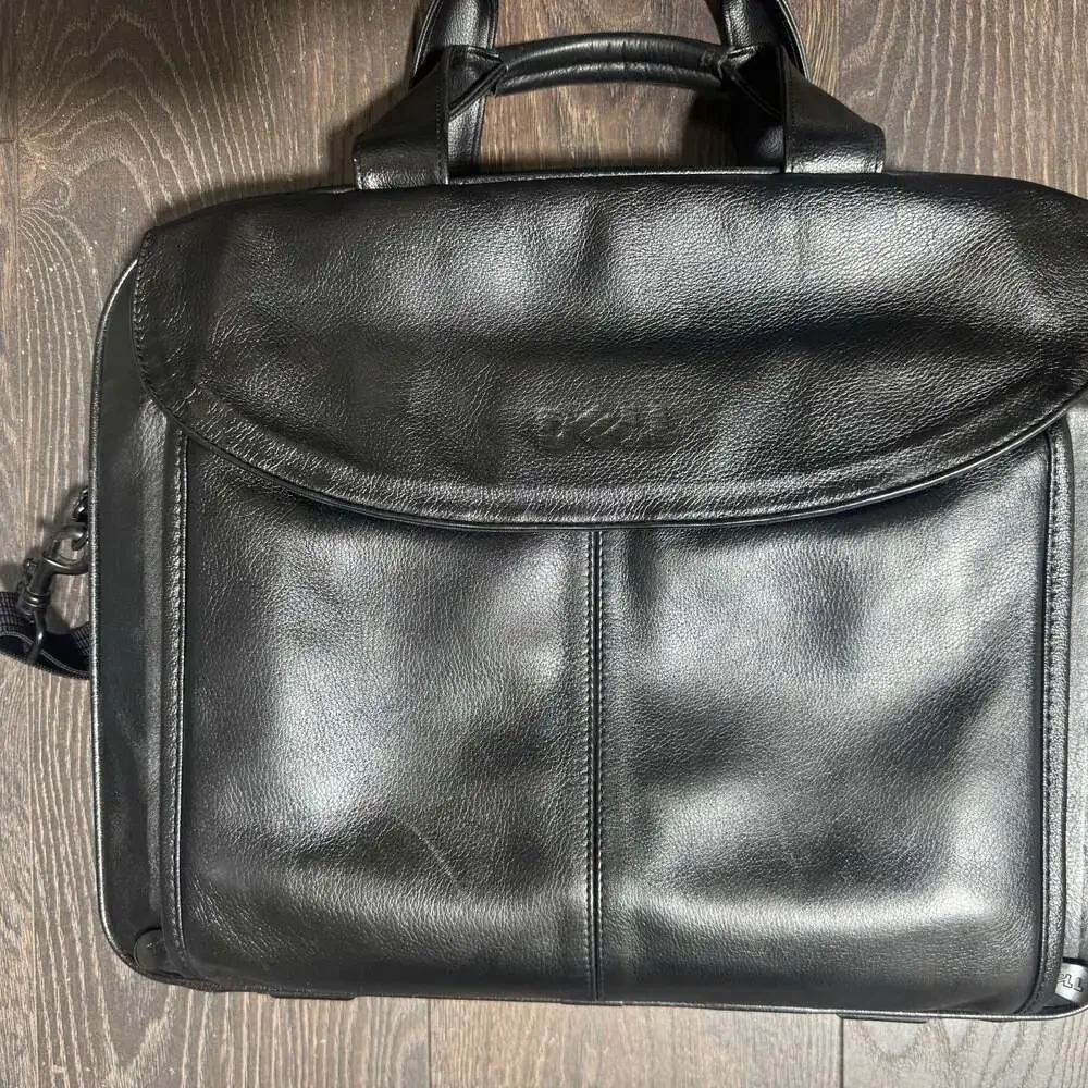 DELL Black Leather Executive Brief Case Laptop Travel Bag Office (17x13)